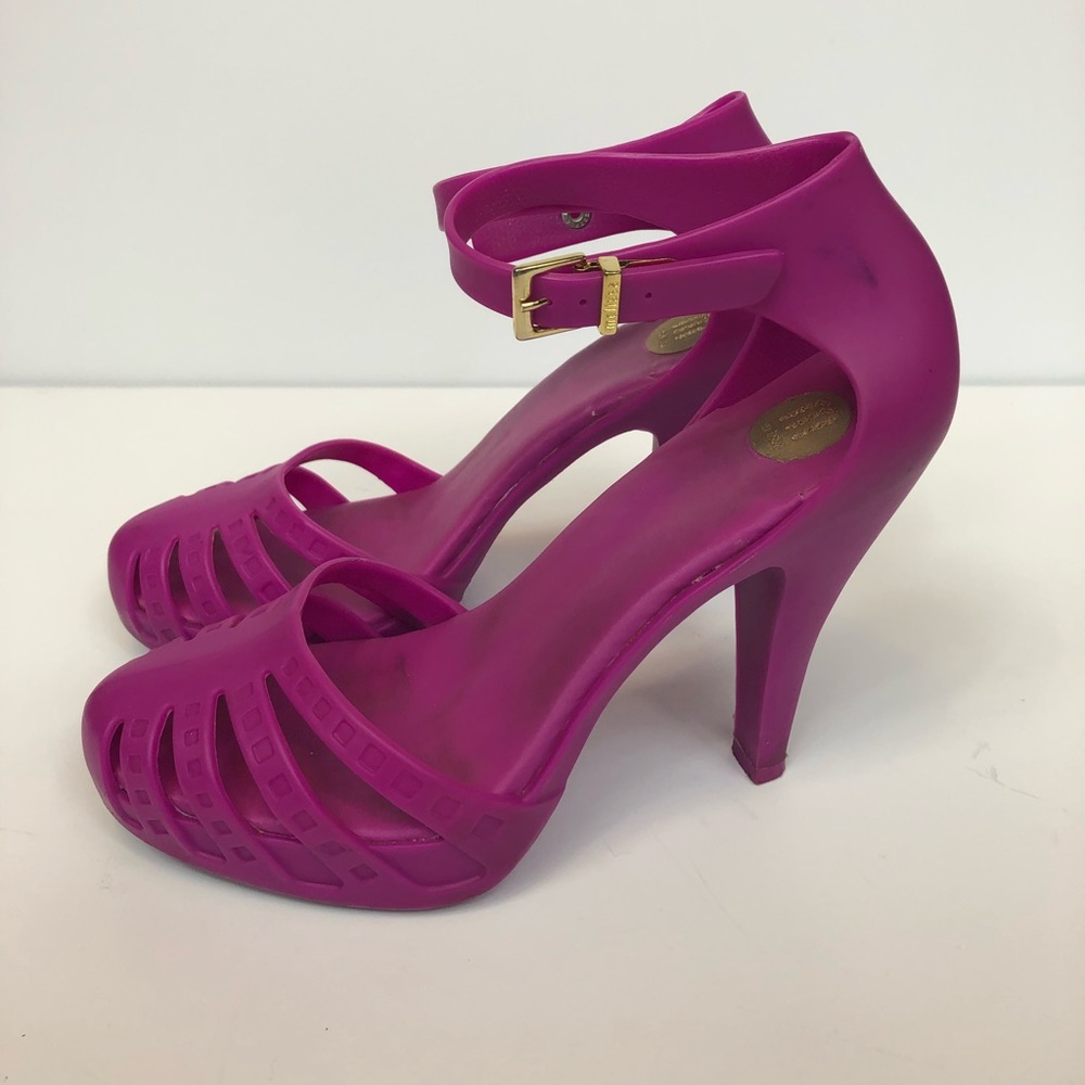 Melissa Fuchsia Pink Strappy High Heel Sandals with Gold Buckle